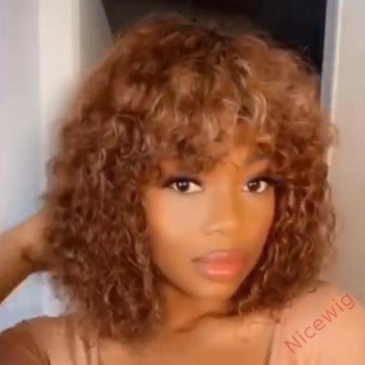 Light Brown Brazilian Remy Curly Hair Wig With Bangs Glueless Wigs