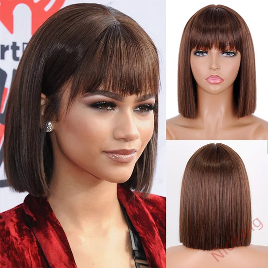 Glueless Brown  Straight Wig Bob Wig With Bangs