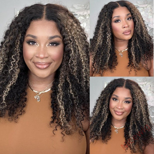 Glueless Black Mixed Brown Brazilian Water Wave Curly Wig