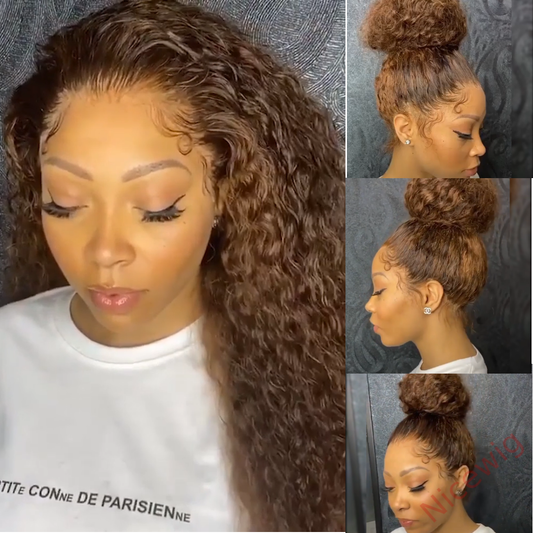 Glueless  Brown Brazilian Water Wave Long Curly Wigs