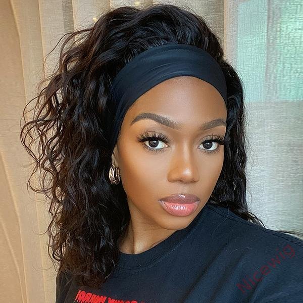 Natural Black Curly Headband Short Bob Wig