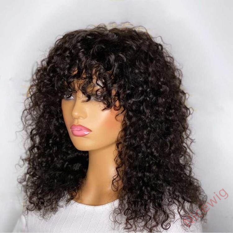 Light Brown/Black Color Brazilian Remy Curly Hair Wig With Bangs