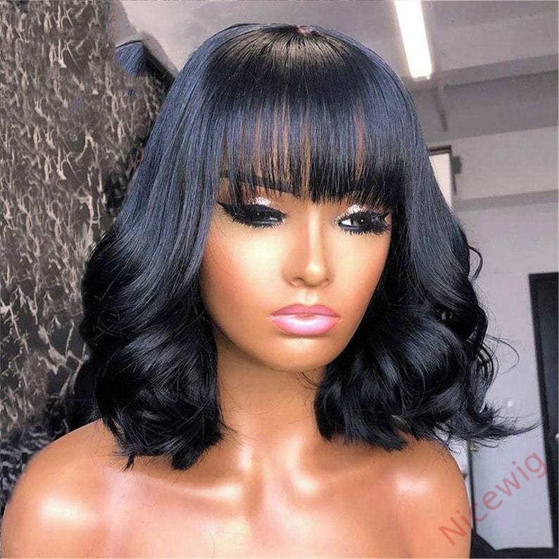 Natural Black Medium Hair Bob Body Wave Wig With Bangs