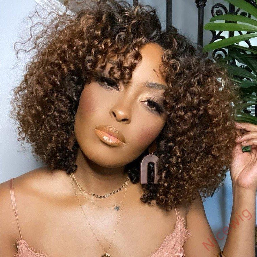 Brown/Black Color Brazilian Remy Curly Hair Wig With Bangs Glueless Wigs