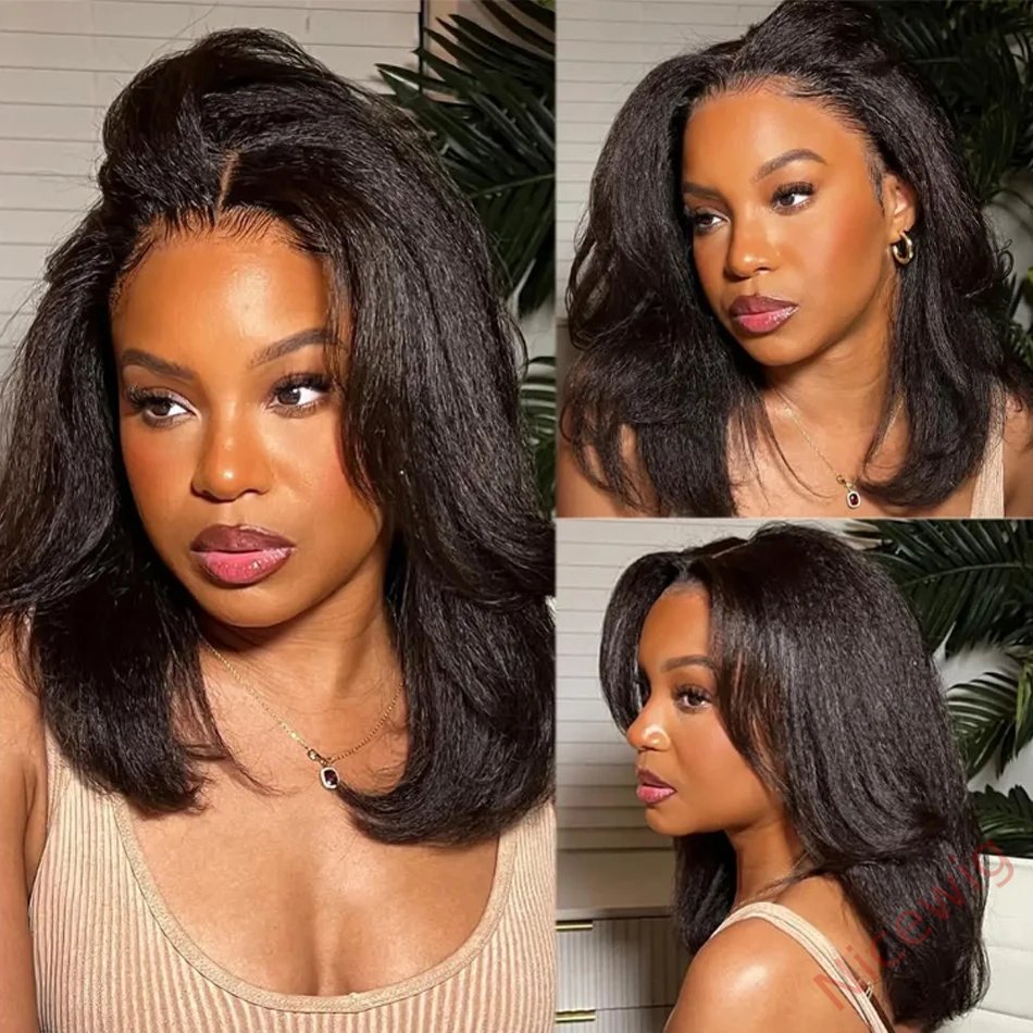 New Glueless Yaki Kinky Straight Black Wig