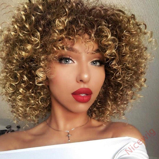 Blonde Curly Hair Wig With Bangs Glueless Wigs