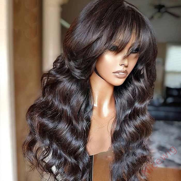 Brazilian Body Wave With Bangs Black Women Glueless Machine Made Remy Wigs