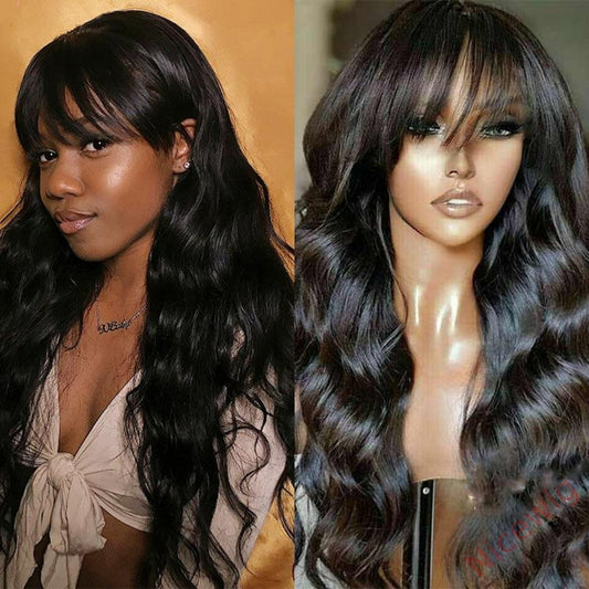 Brazilian Body Wave With Bangs Black Women Glueless Machine Made Remy Wigs