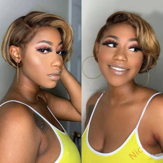 Glueless Short Wig Brown Mixed Gold Bob Straight Pixie Cut Hair