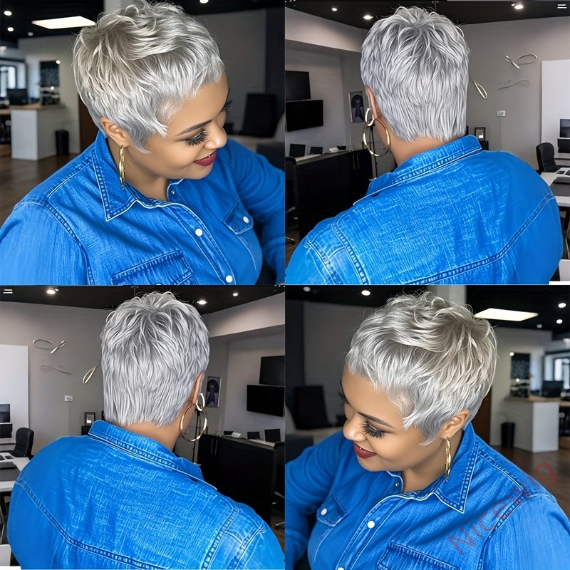 Short Straight Pixie Cut Wig Silvery Grey Brazilian Remy Hair