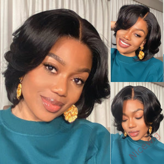 New Glueless Short Wavy Bob Hair Natural Black Wig