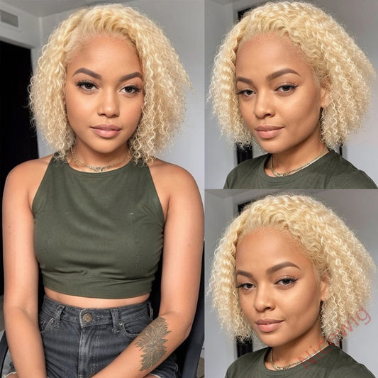 Glueess Blonde Short Bob Centre Parting Curly Wig