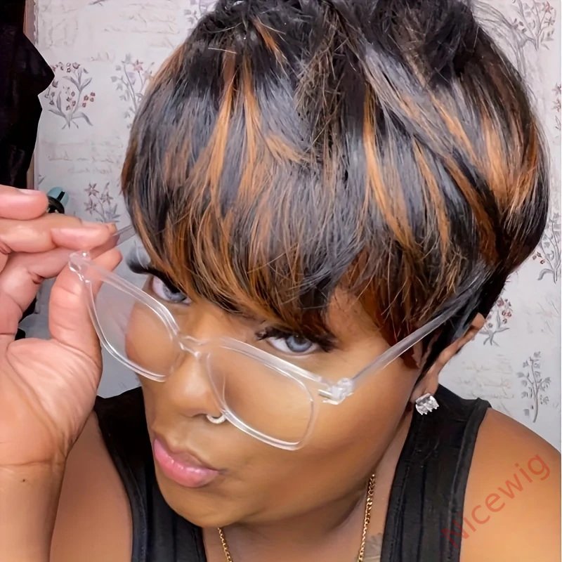 Glueless Black Gold Straight Hair Short Pixe Cut Wig