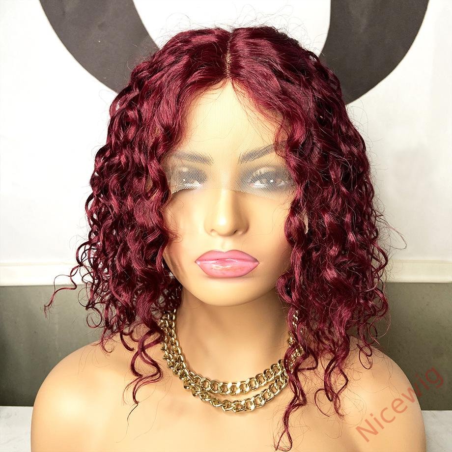 Wine Red Short Curly Lace Front Wigs With Baby Hair