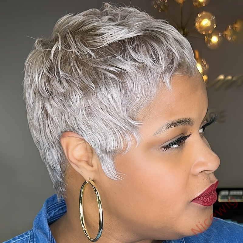 Short Straight Pixie Cut Wig Silvery Grey Brazilian Remy Hair
