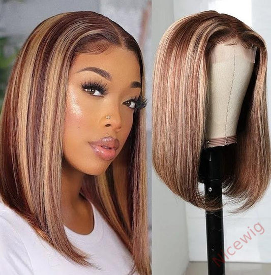 Straight Bob Wig Brown Mixed Blonde Highlights Wig