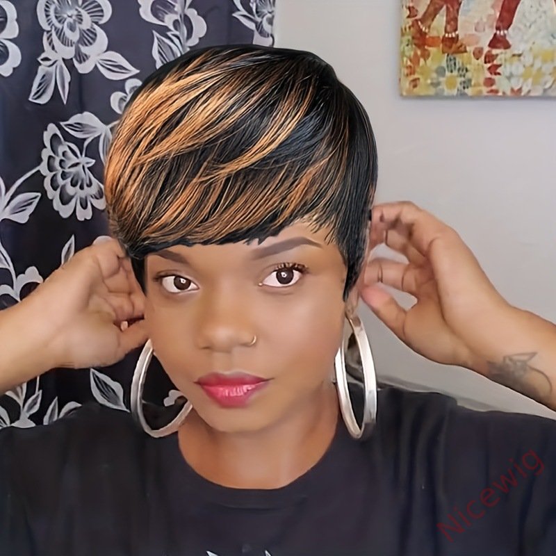 Glueless Black Gold Straight Hair Short Pixe Cut Wig