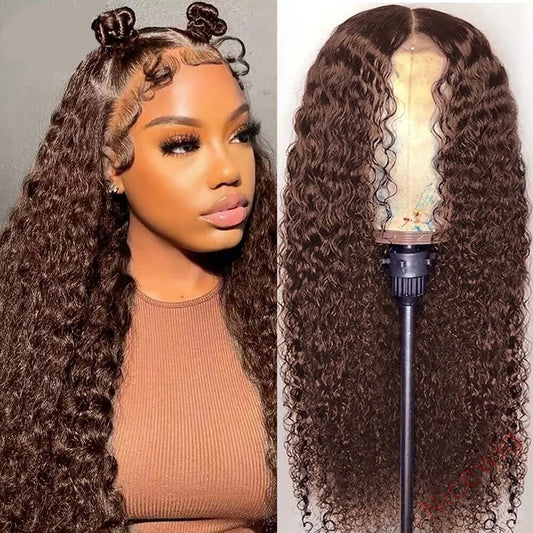 Glueless Dark Brown Brazilian Water Wave Long Curly Wigs