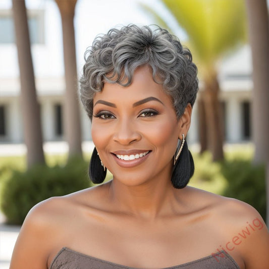 Salt & Pepper Edgy Pixie Cuts Glueless Wig