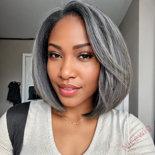 Salt and Pepper Grey Glueless Straight Bob Hair Wig
