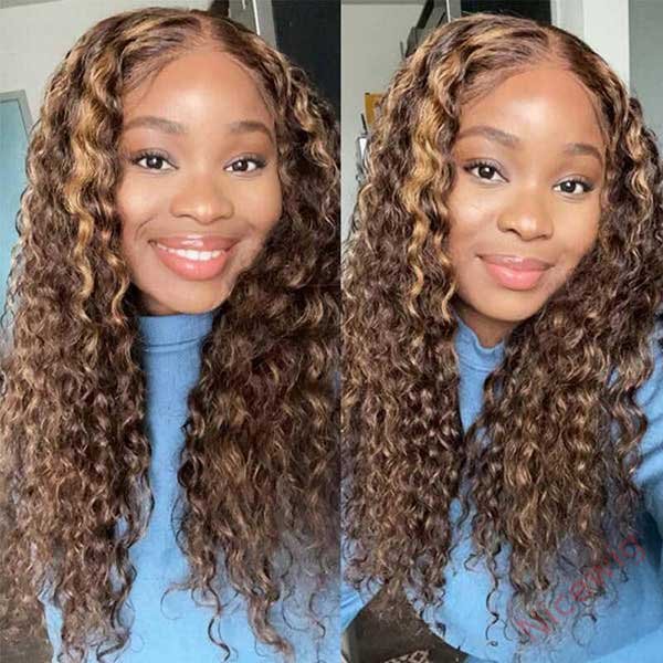 Hightlight Black Mixed Brown Brazilian Water Wave Curly Wig