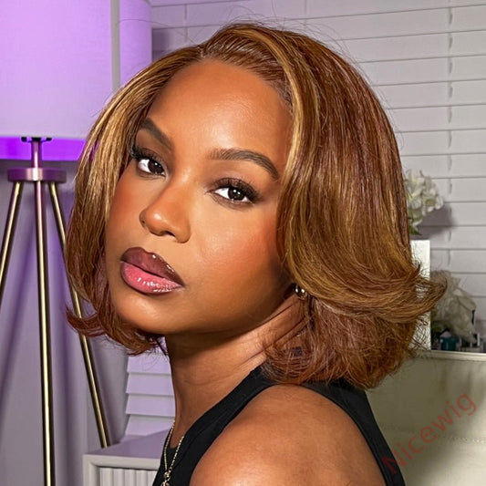 New Glueless Short Wavy Bob Hair Brown mixed Blonde Wavy Wig