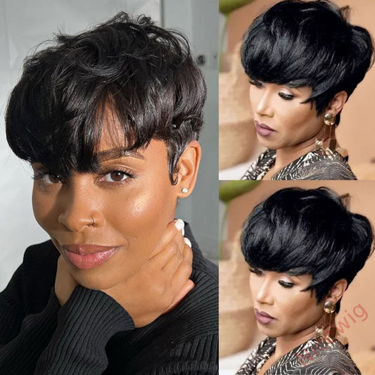 New Glueless Salt and Pepper Short Straight Pixe Cut Wig