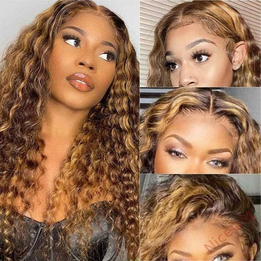 Hightlight Black Mixed Brown Brazilian Water Wave Curly Wig