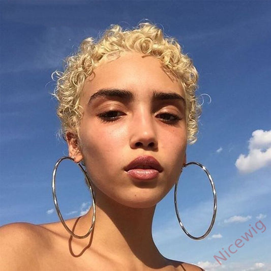 Glueless Blonde Short Pixie Cut Curly Hair Wig