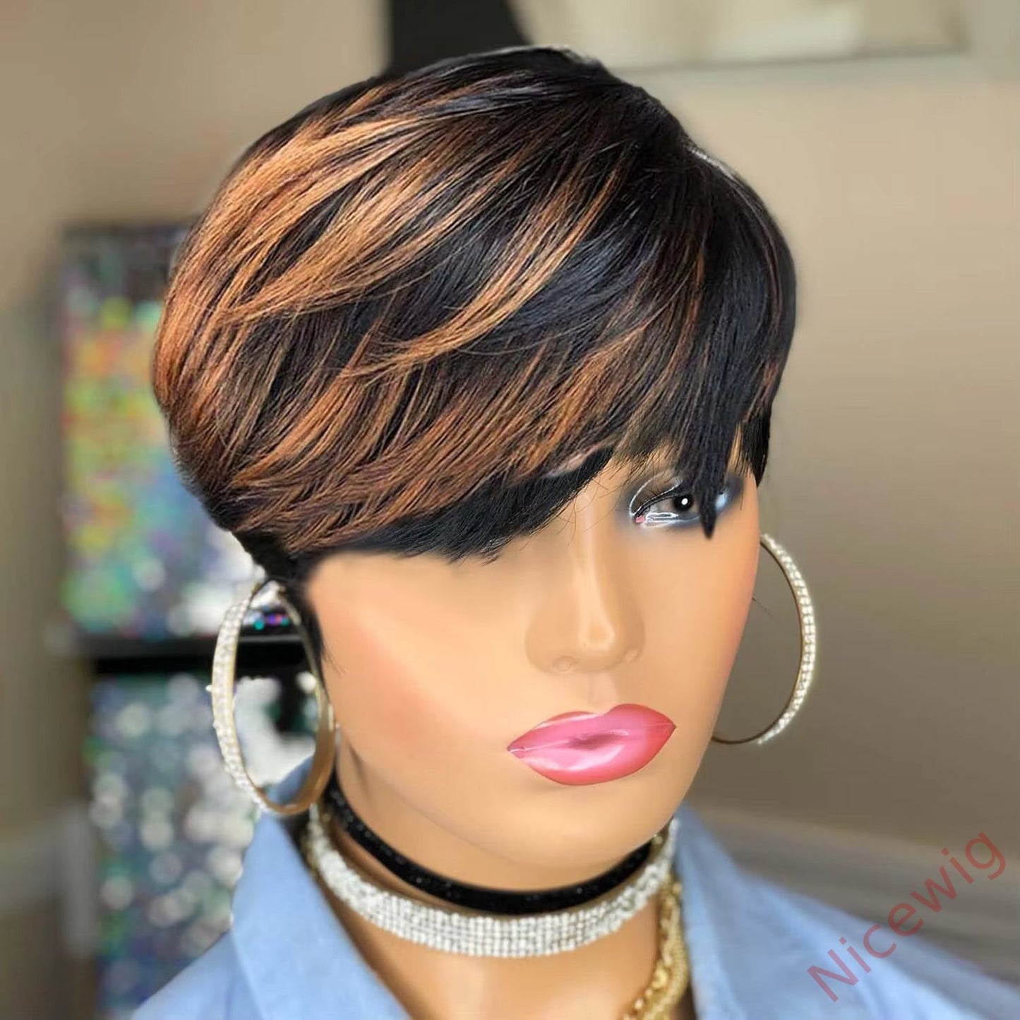 Glueless Black Gold Straight Hair Short Pixe Cut Wig