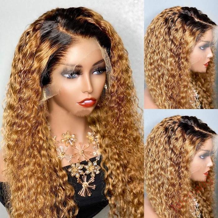 Black Gradient Light Brown Brazilian Water Wave Curly Wigs