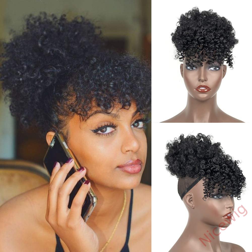 Gloden Blonde Afro Puff Drawstring Ponytail with Bangs Kinky Curly Hair Bun with Spring Curl Bangs Clip in Hairpieces