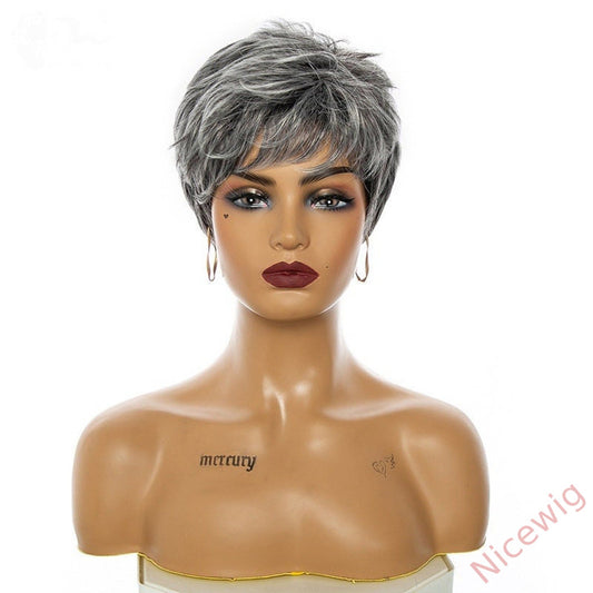 New Glueless Salt and Pepper Short Straight Bob Pixe Cut Wig