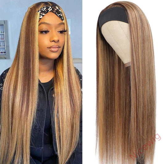 Brown Mixed Gold Long Straight Hair Headband Wig