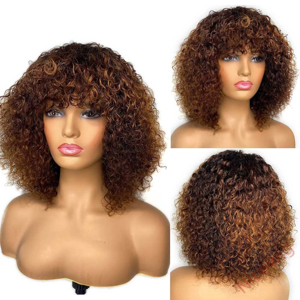 Light Brown/Black Color Brazilian Remy Curly Hair Wig With Bangs Glueless Wigs