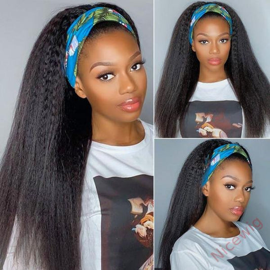Black Kinky Straight Long Hair Headband Glue Less Wig
