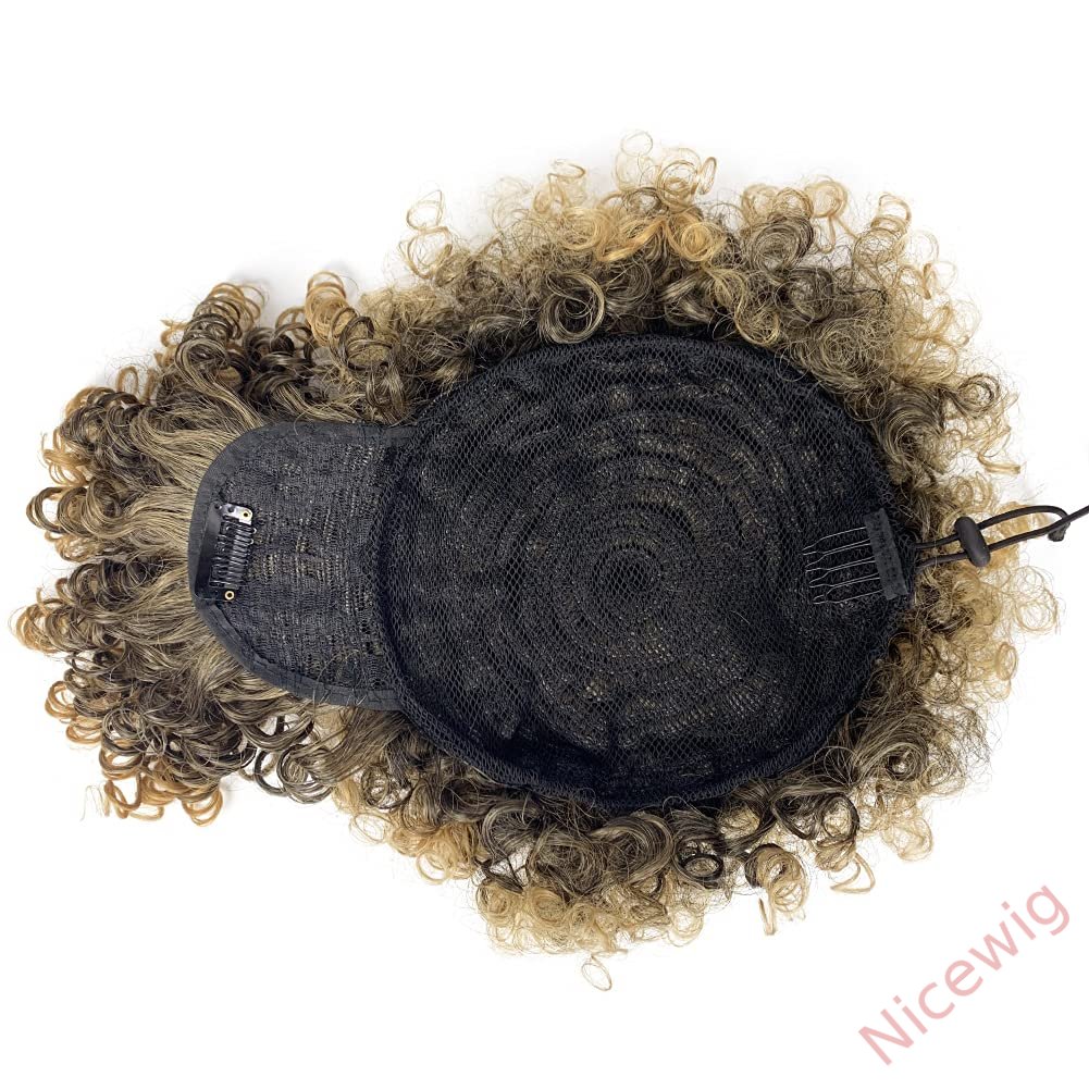 Gloden Blonde Afro Puff Drawstring Ponytail with Bangs Kinky Curly Hair Bun with Spring Curl Bangs Clip in Hairpieces