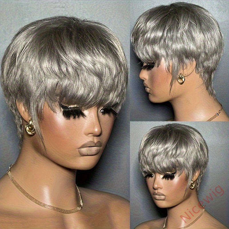 6 Inch Short Straight Pixie Cut Wig Silvery Grey 150% Density Brazilian Remy Hair
