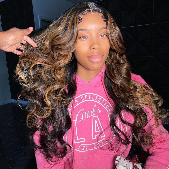 Glueless Brown Mixed Blonde Highlights Loose Wave Long Wig