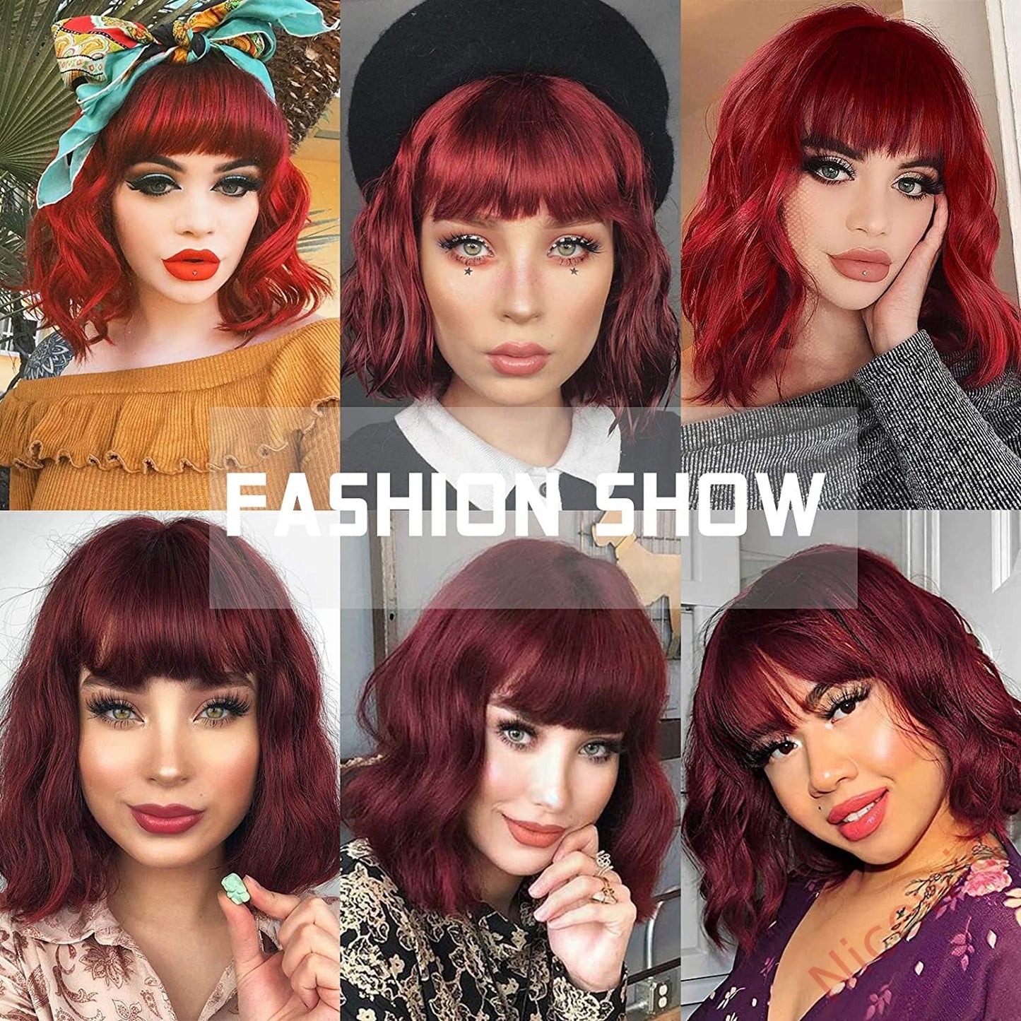 Wine Red Medium Hiar Bob Body Wave Wig With Bangs