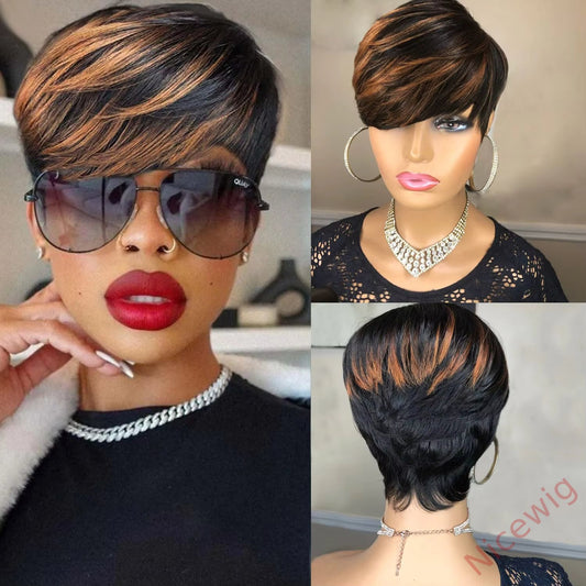 Glueless Black Gold Straight Hair Short Pixe Cut Wig