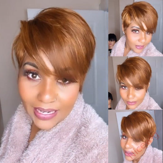 Glueless Light Brown Short Pixie Cut Wig Bob Straight Hair