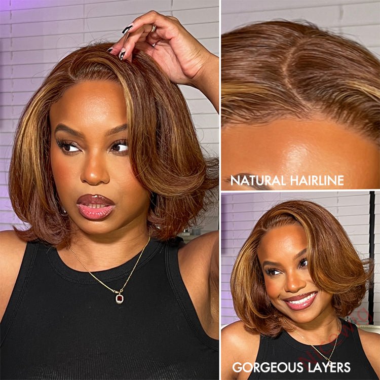 New Glueless Short Wavy Bob Hair Brown mixed Blonde Wavy Wig