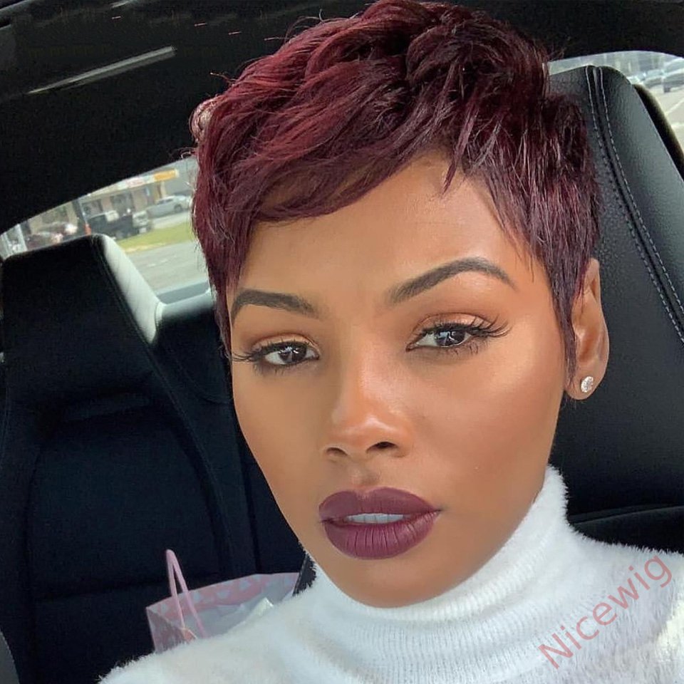 Glueless Wine Red Short pixie cut Wig 4 Inch Bob Straight Hair