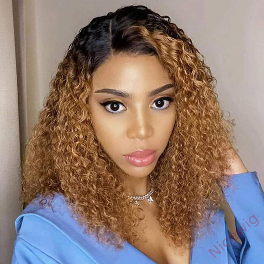 Glueless Black Gradient Light Brown Brazilian Curly Wigs