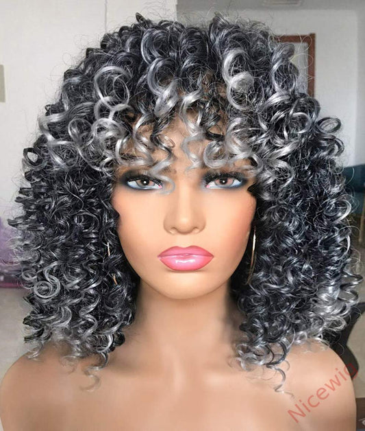 Salt and Pepper Glueless Curly Wig With Bangs