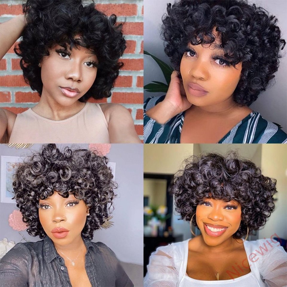 Kinky Curly Wigs With Bangs Fluffy African Ombre Glueless Wigs