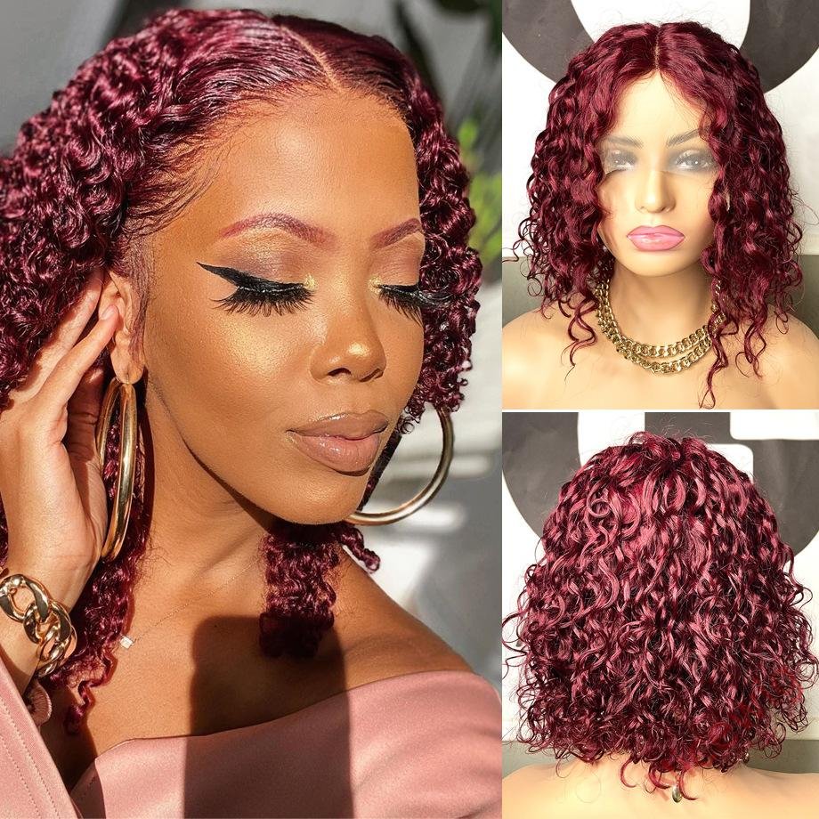 Wine Red Short Curly Lace Front Wigs With Baby Hair