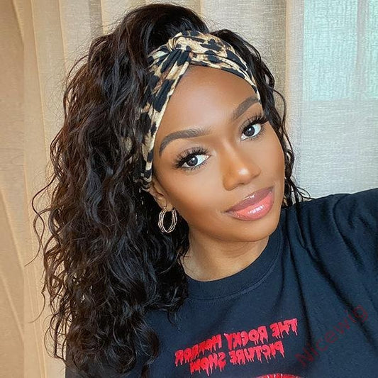 Natural Black Curly Headband Short Bob Wig