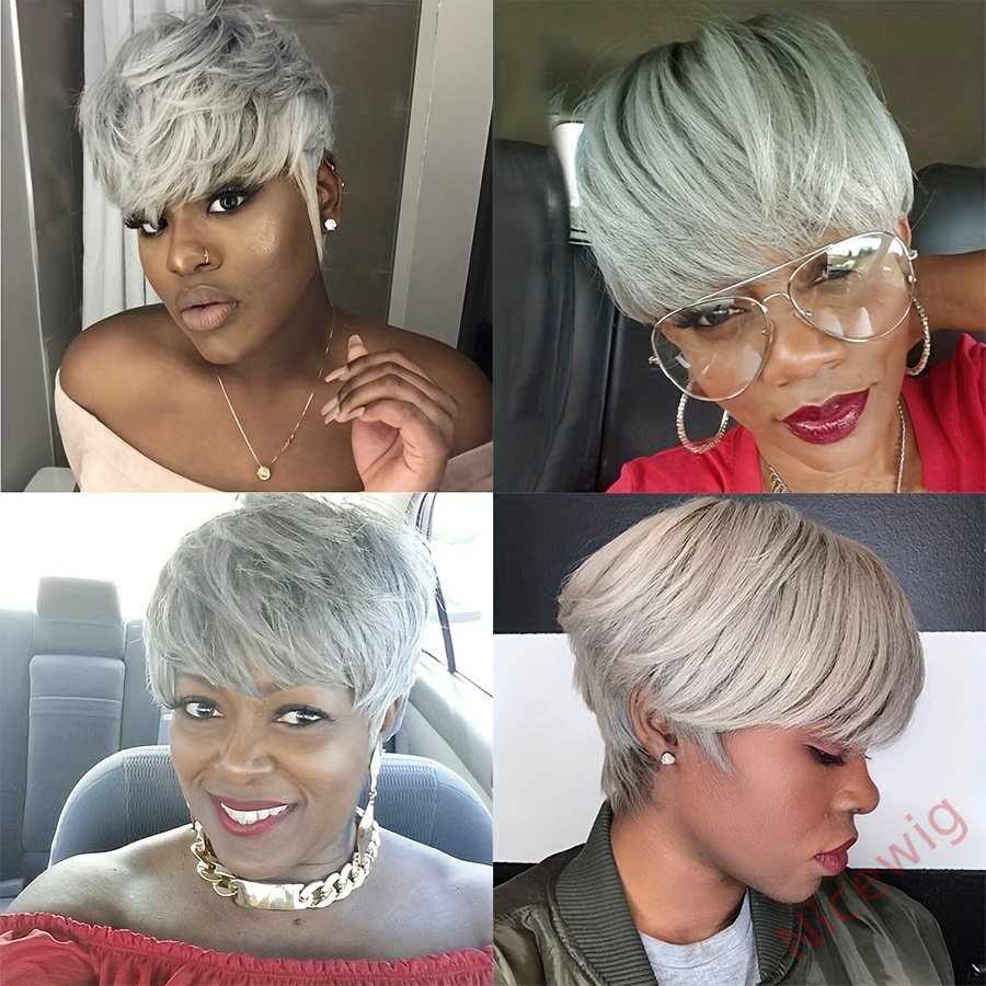 6 Inch Short Straight Pixie Cut Wig Silvery Grey 150% Density Brazilian Remy Hair